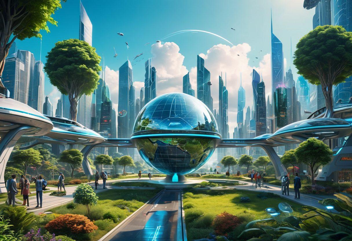 A futuristic city skyline showcasing advanced technologies like flying cars and solar panels, with individuals brainstorming around a holographic globe depicting innovative solutions. The scene is vibrant and filled with greenery, representing sustainability. Include symbols of technology, such as circuit patterns in the background. futuristic, vibrant colors, super-realistic.
