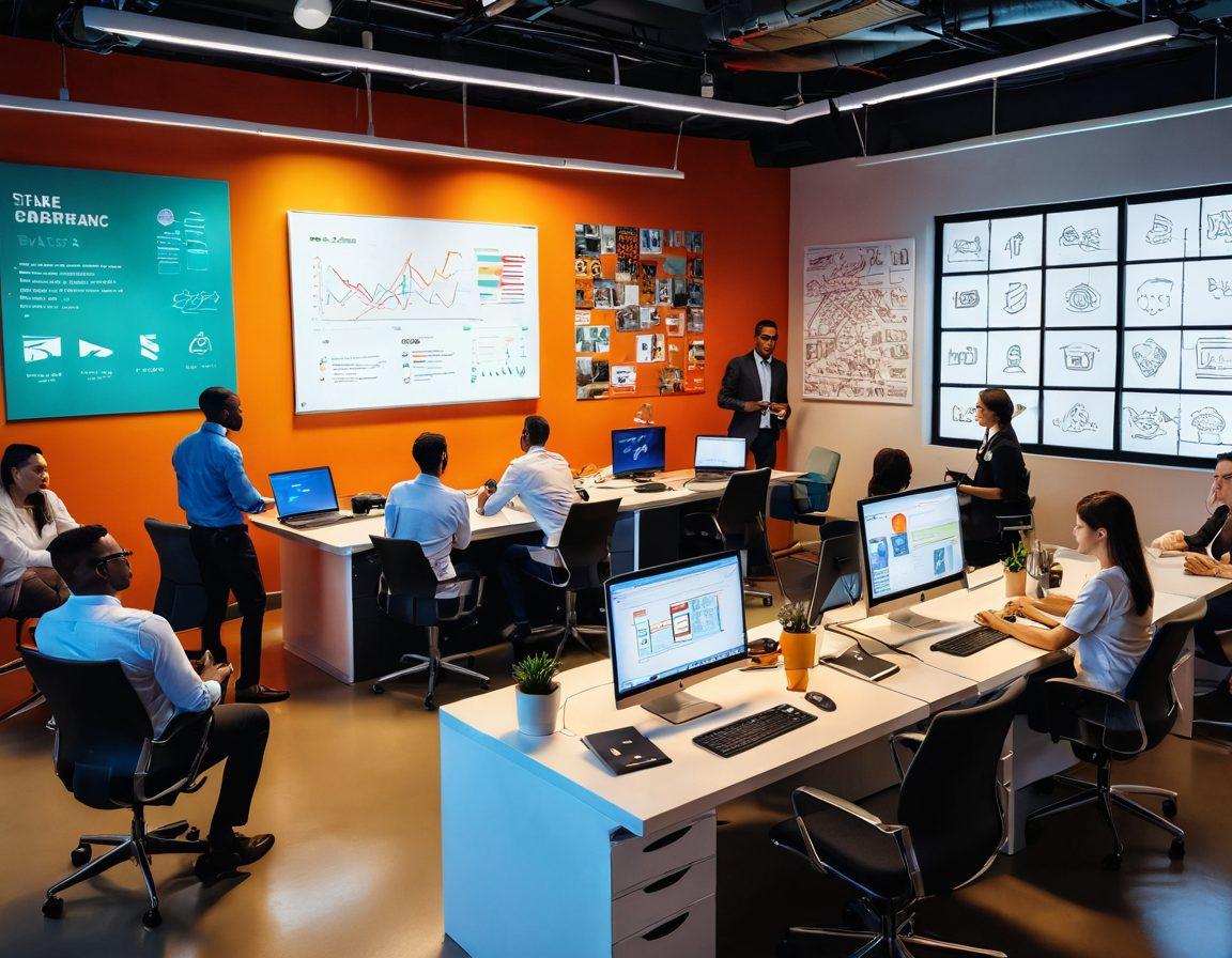 A dynamic office environment bustling with entrepreneurs collaborating over high-tech gadgets and innovative products. Feature diverse individuals engaged in brainstorming sessions, surrounded by vibrant illustrations of Kobetai’s services, like digital tools and financial graphs. Include motivational quotes in a creative typography. Highlight a sense of empowerment and futuristic business vibes. 3D. vibrant colors. modern style.