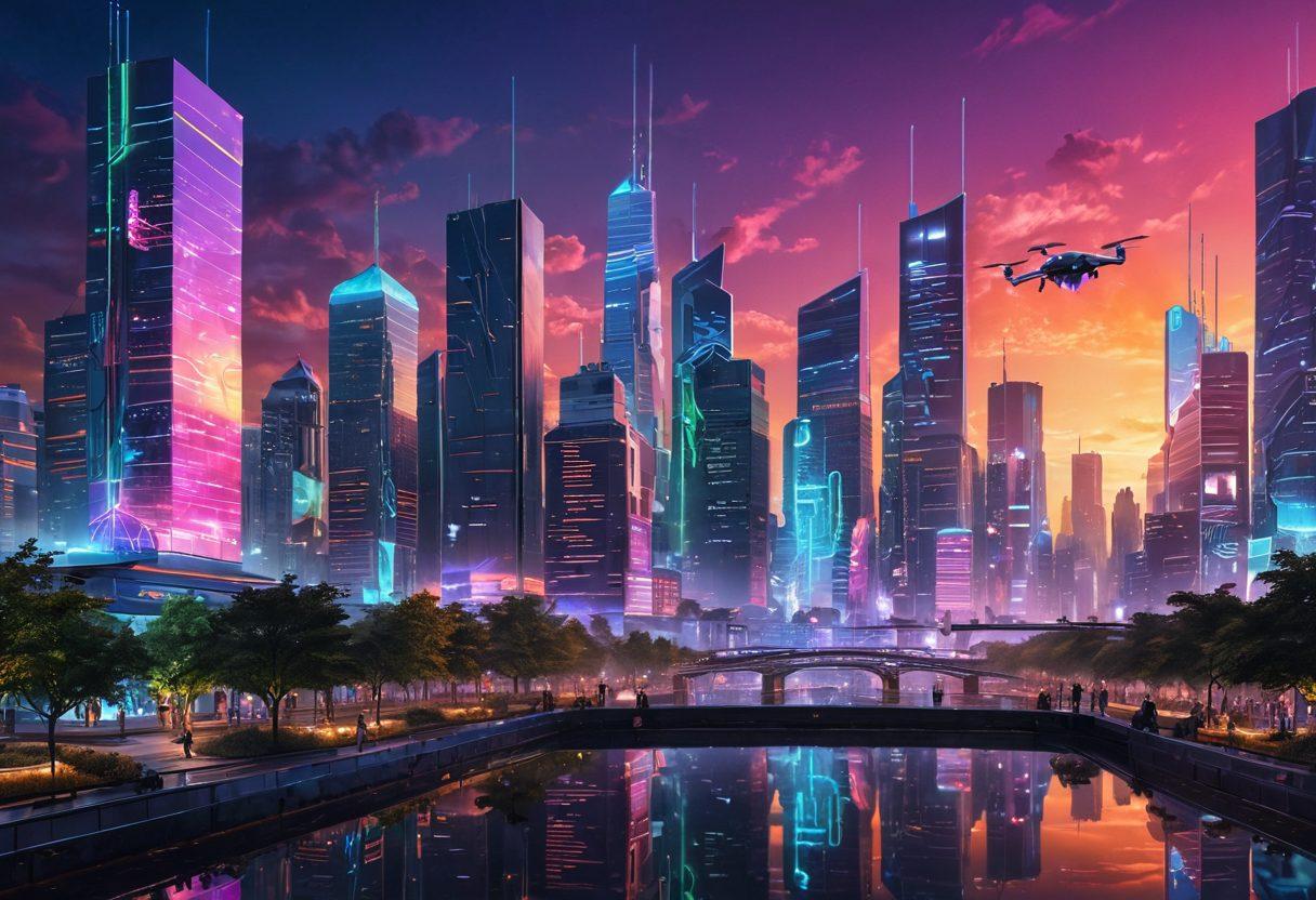 A futuristic cityscape showcasing advanced digital technologies like holographic displays, smart buildings, and drones. The skyline reflects innovation with bright neon lights and lush greenery integrated into the architecture. People engaging with digital interfaces, surrounded by augmented reality elements, illustrating the concept of a connected society. A vibrant sunset casts a warm glow, symbolizing the transformation of the digital landscape. super-realistic. vibrant colors. cyberpunk.